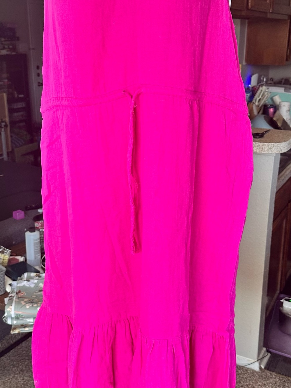 Time and Tru Bright Pink Tiered Drawstring Maxi Dress
